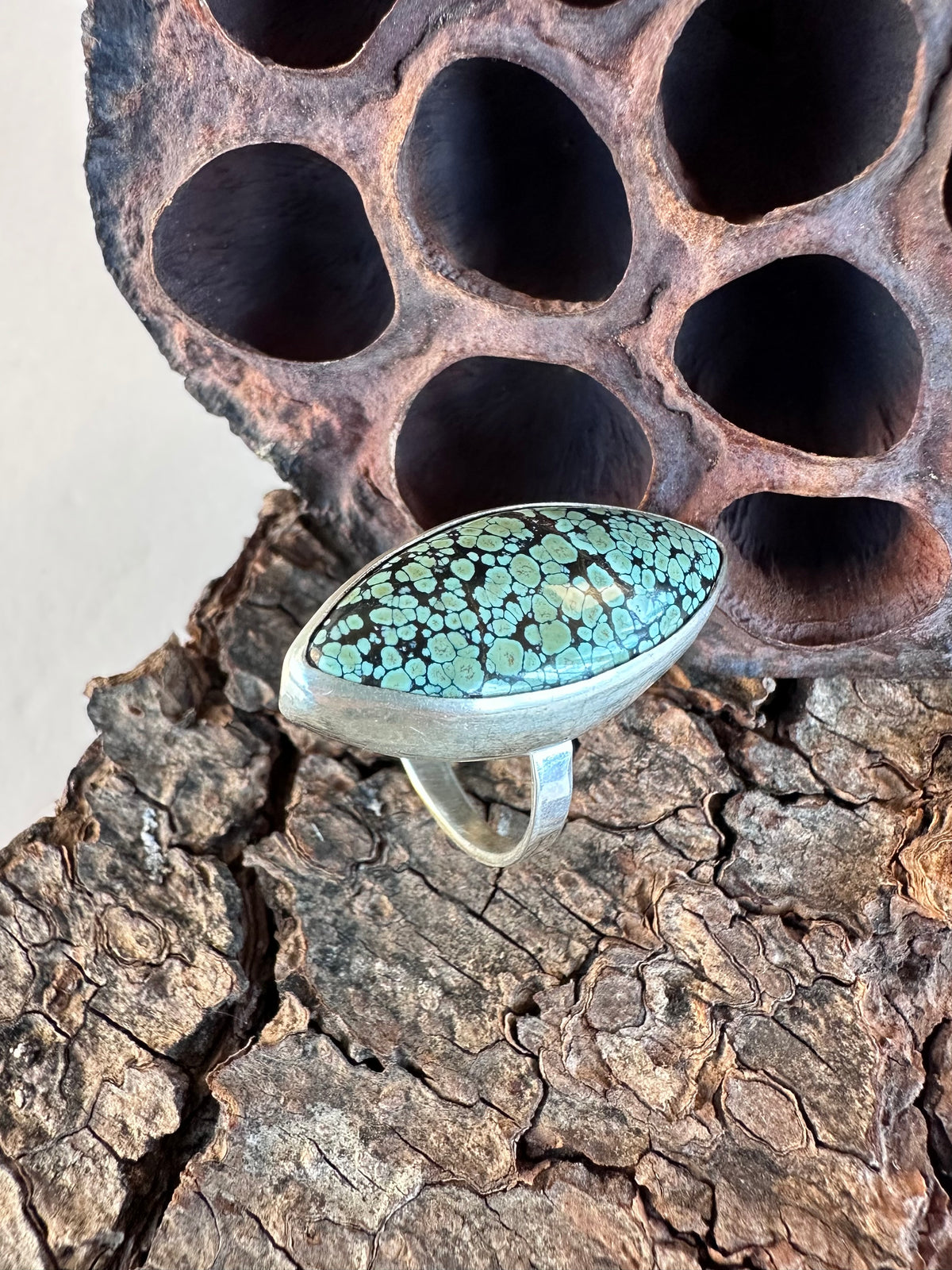 Moonrise Mesa Ring: Golden Halo Moon Turquoise & Sterling Silver - size 10