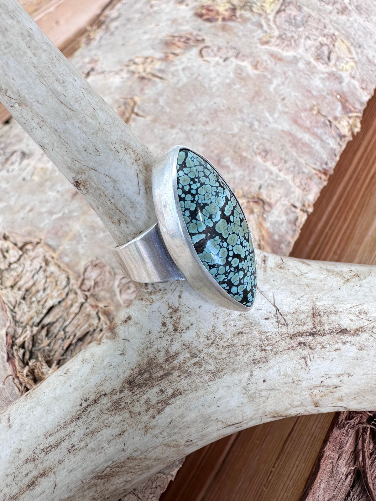 Moonrise Mesa Ring: Golden Halo Moon Turquoise & Sterling Silver - size 10
