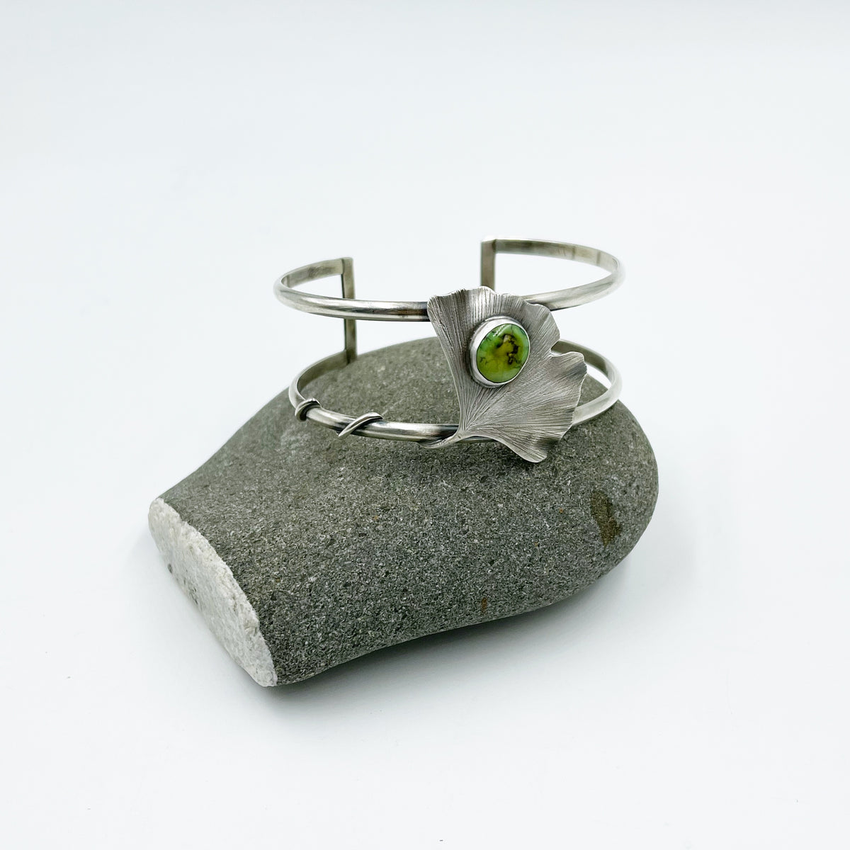 The Gilded Grove Cuff: Sterling Silver Gingko & Sonoran Lime Turquoise
