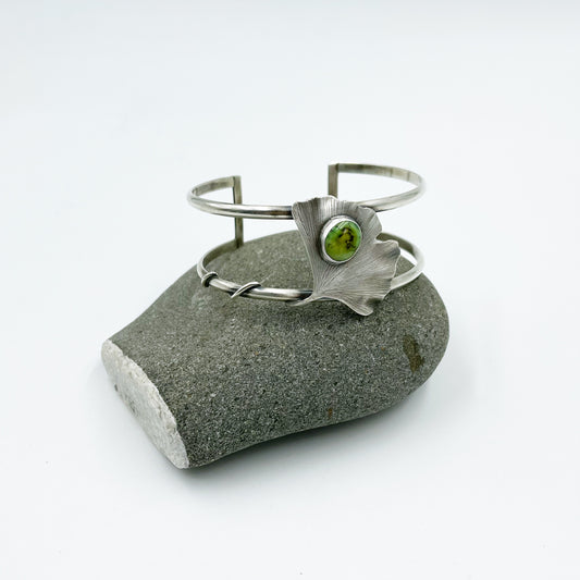 The Gilded Grove Cuff: Sterling Silver Gingko & Sonoran Lime Turquoise
