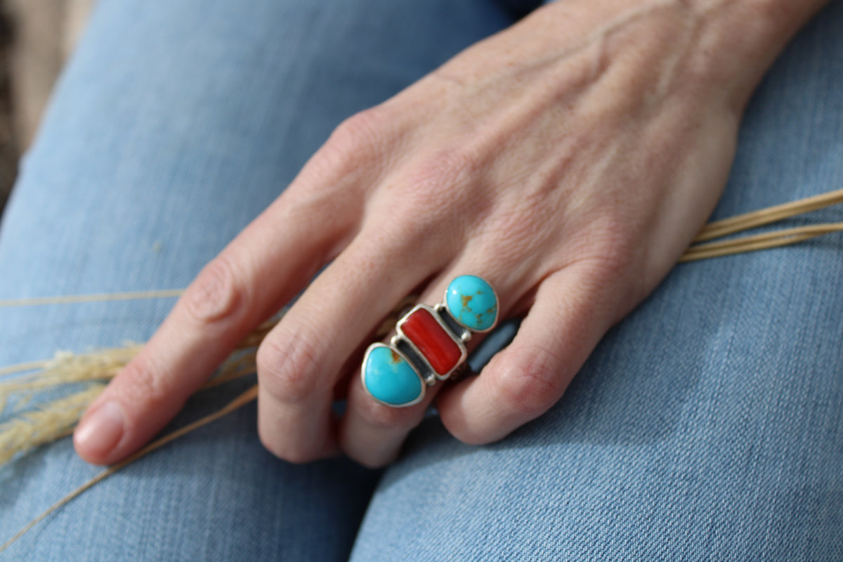 River + Flame Ring: Teghut Mine Turquoise & Italian Red Coral - size 6.5
